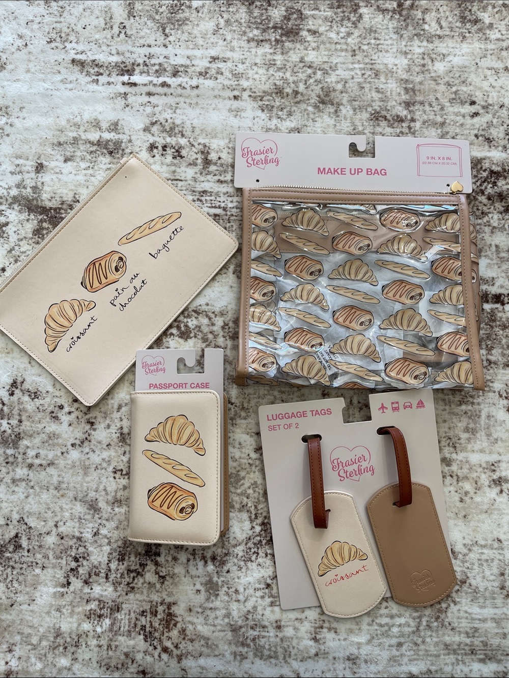 Beige Croissant Print Makeup Bag & Travel Accessories Set